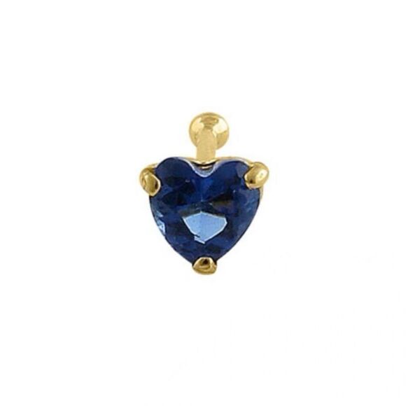Solid 14K Yellow Gold Blue Sapphire Heart CZ Straight Nose Stud - Picture 2 of 4